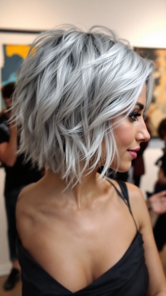 Shaggy bob blanc argenté volume cheveux gris