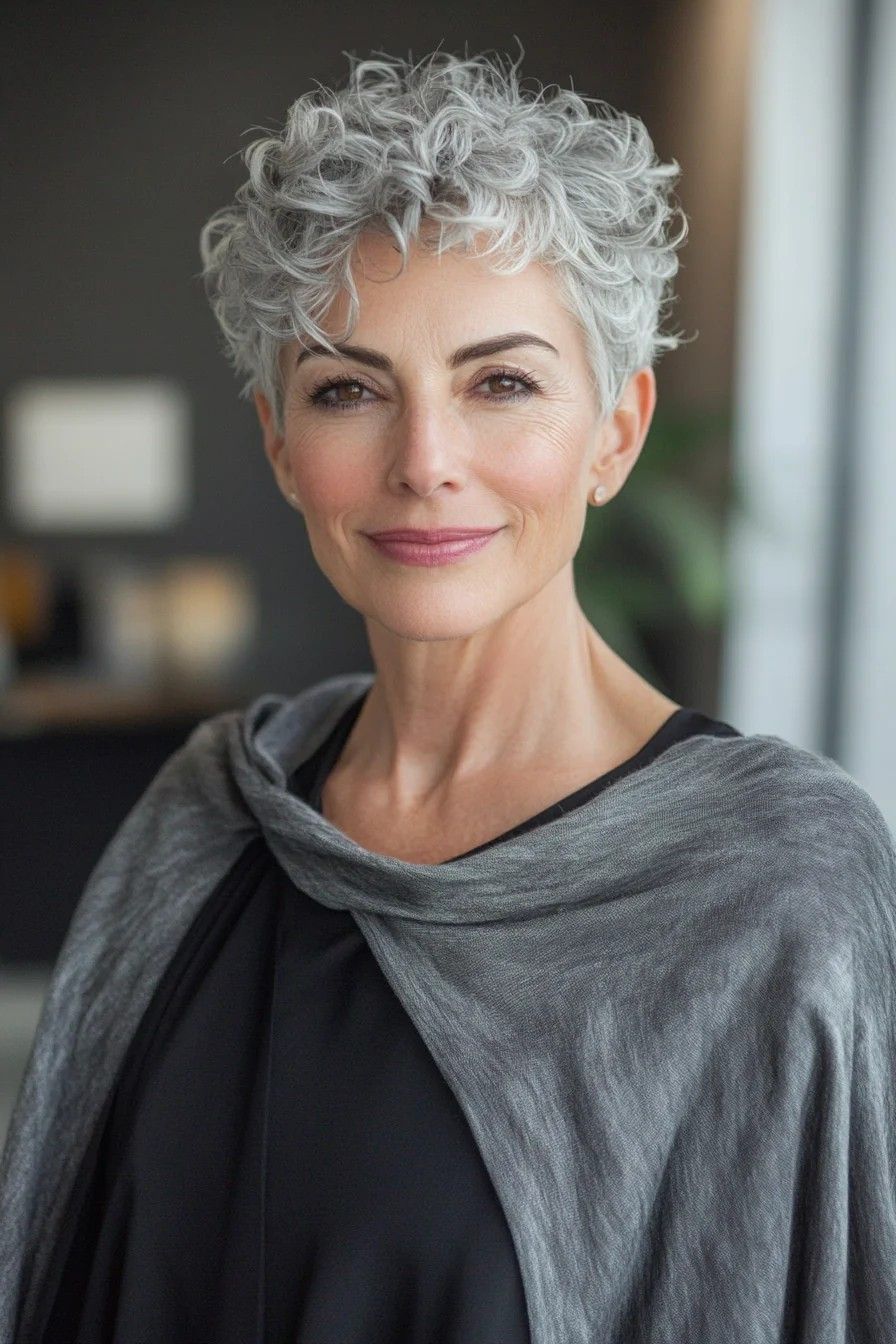 Pixie bouclé gris argenté femme mature
