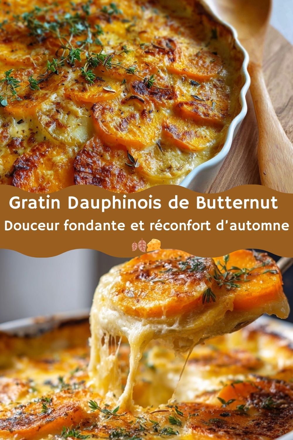 Gratin dauphinois de butternut avec des tranches fines et dorées, garni de thym frais.
