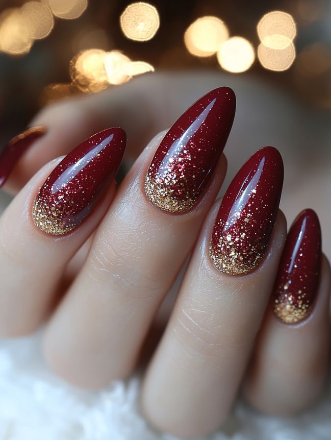 Ongles amande en dégradé rouge et paillettes dorées pour un Noël scintillant