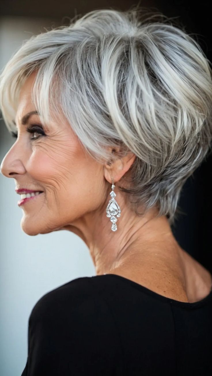 Femme de 50 ans rayonnante avec une coupe courte blonde et un balayage lumineux