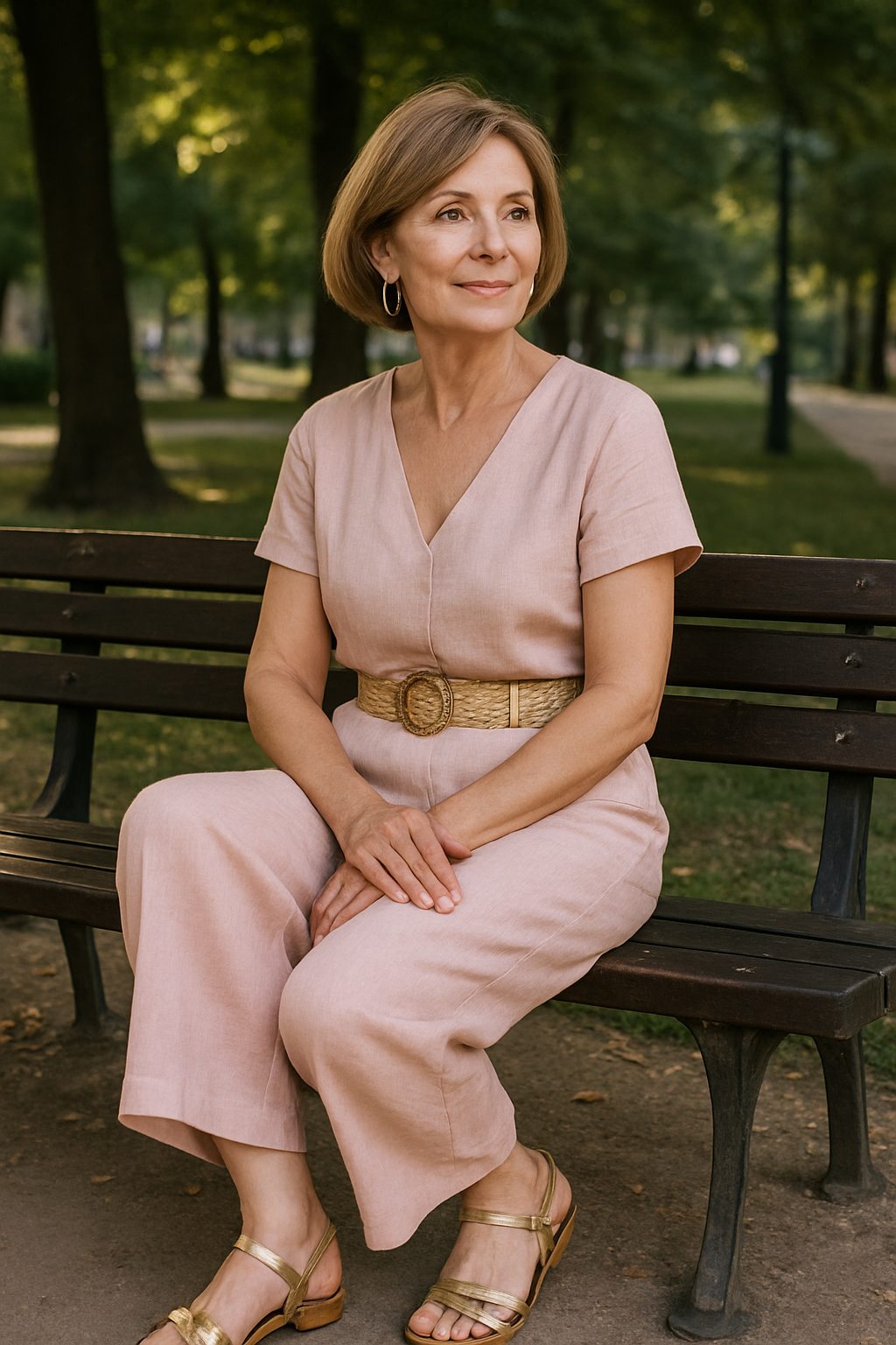 Look moderne en combinaison rose sur banc de parc avec verdure