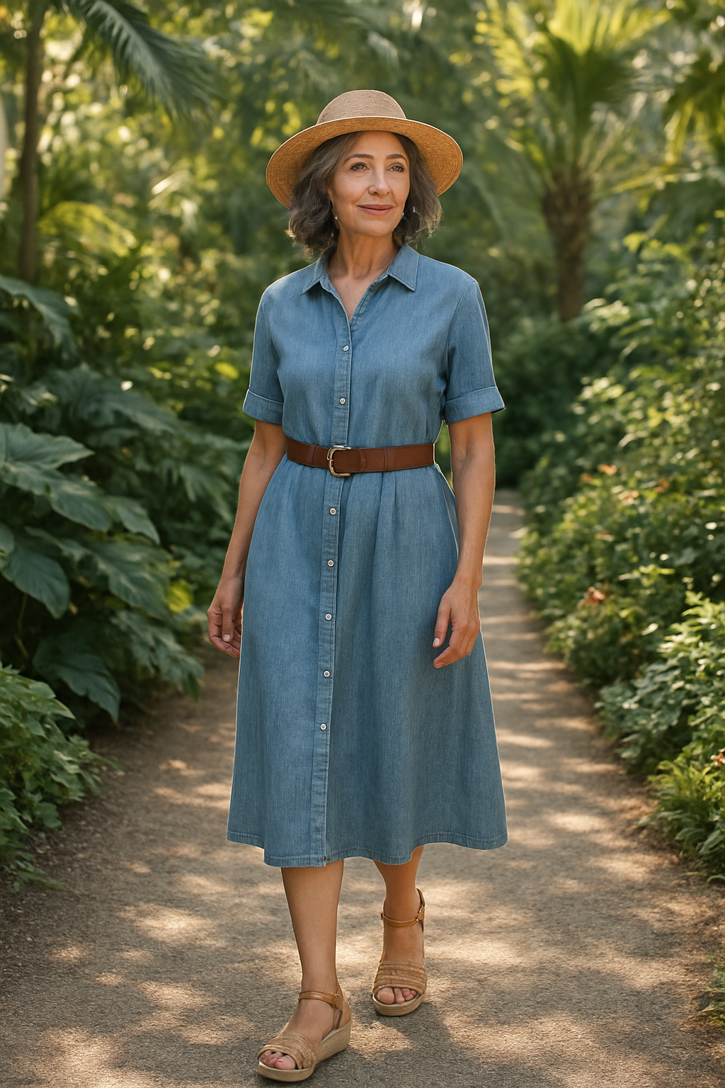 Style tropical avec robe en denim et chapeau panama dans jardin exotique