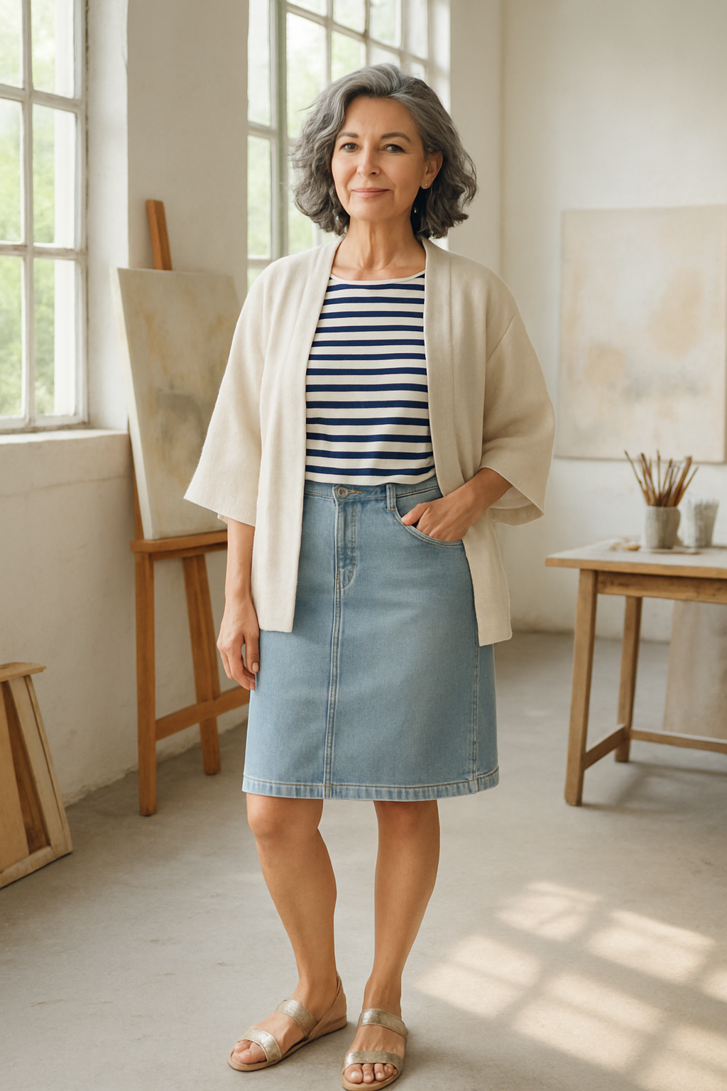 Style bohème avec kimono et jupe en jean dans un atelier lumineux