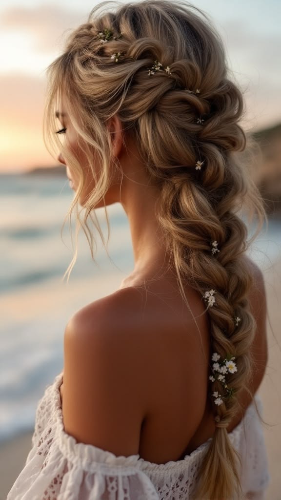 Tresse douce et décoiffée avec fleurs en bord de mer