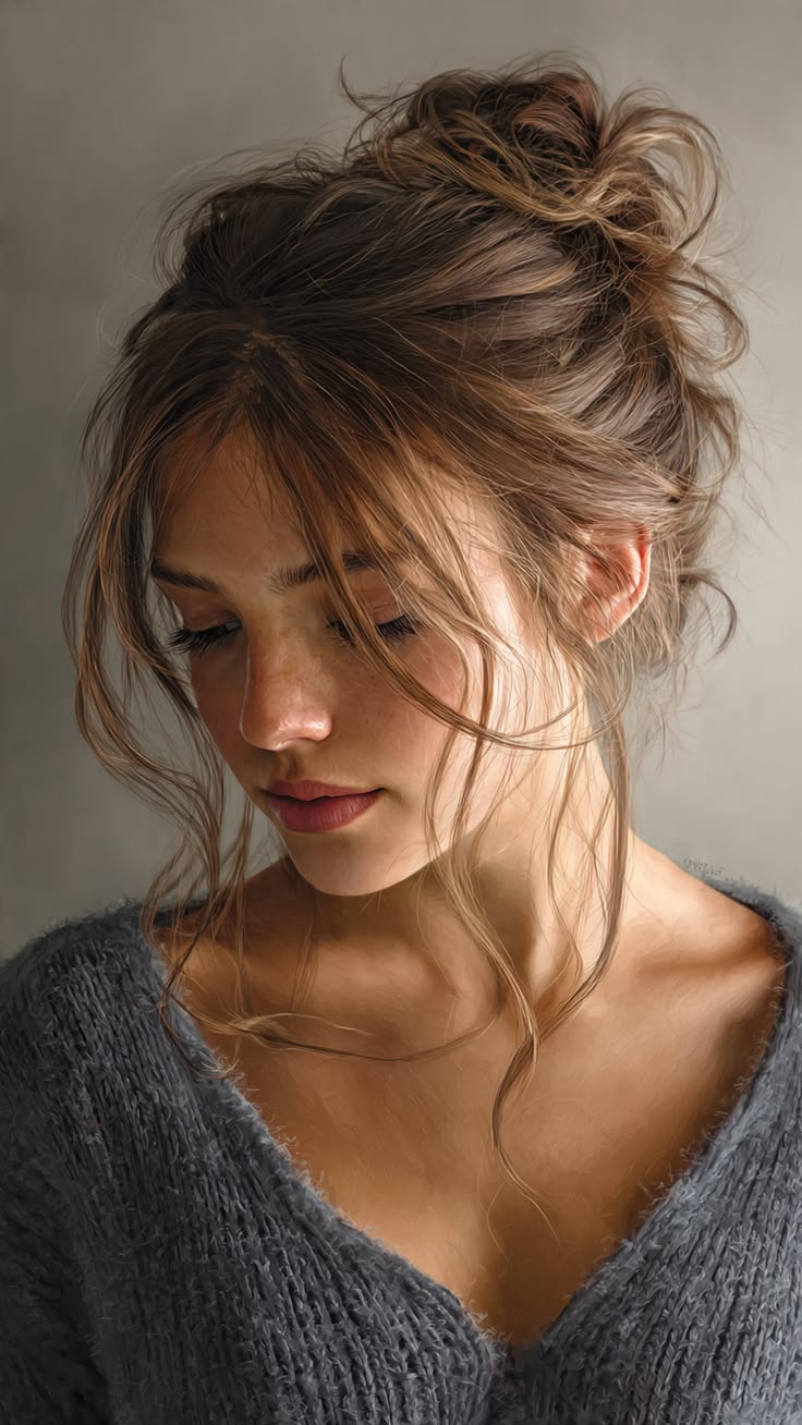 Chignon bas délié avec quelques mèches encadrant le visage